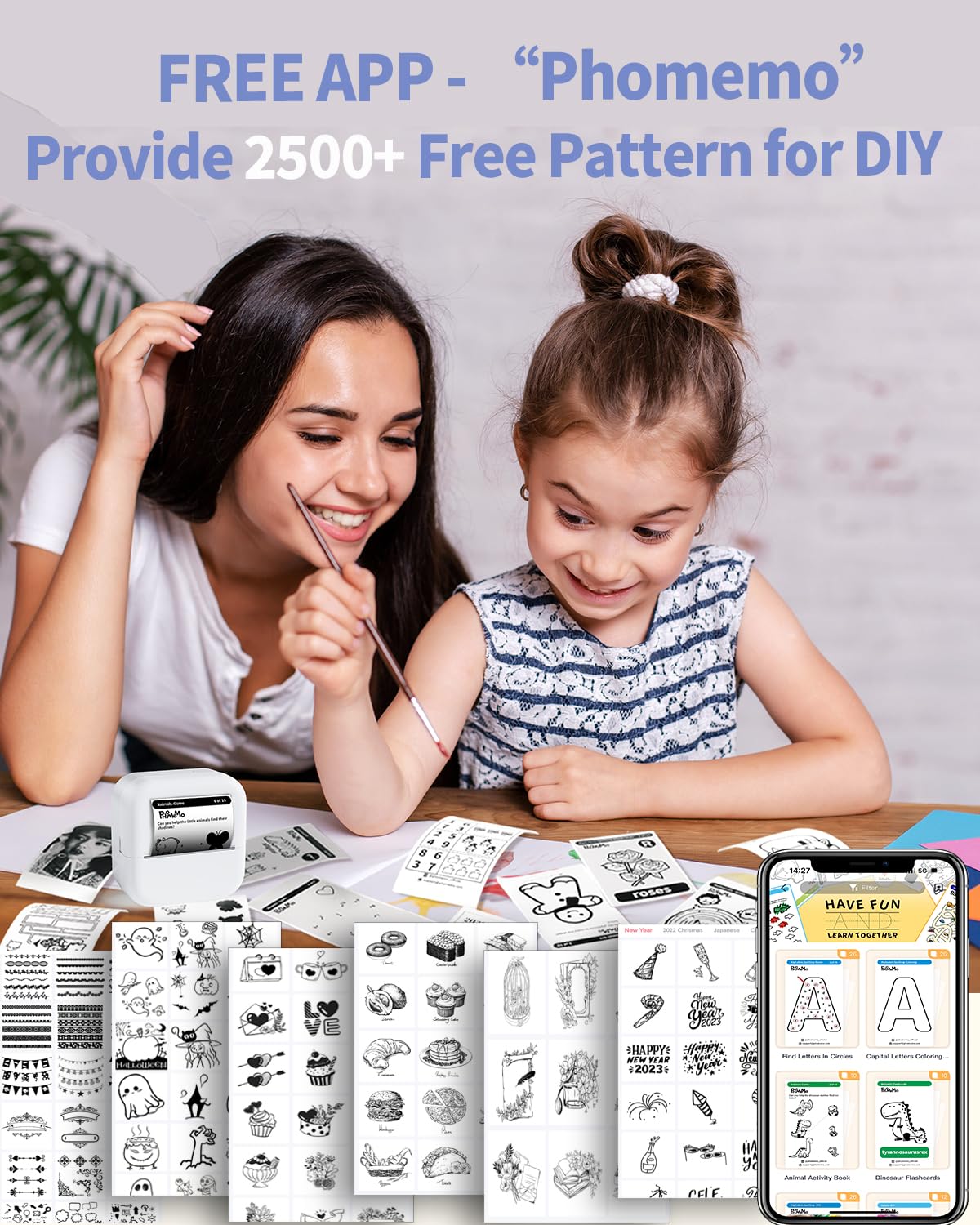 mini pocket printer, Memolife Mini Sticker Printer with 6 Rolls Non-Adhesive Paper (2 in*21.3 ft/Roll), Mini Printer Compatible with iPhone & Android, Pocket Printer for Note, DIY