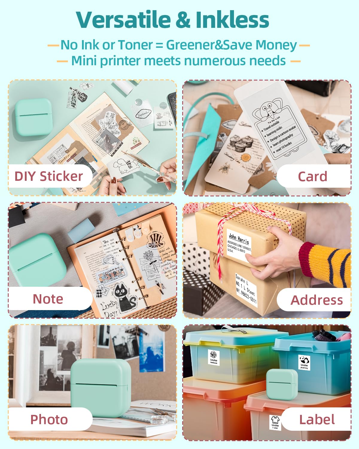 Memolife Mini Thermal Printer - Mini Pocket Printer with 6 Rolls Non-Adhesive Paper(2in*21.3ft/Roll), Mini Photo Printer for iPhone &Android, Portable Printers Wireless for Travel, Work, 2024 Fun Gift