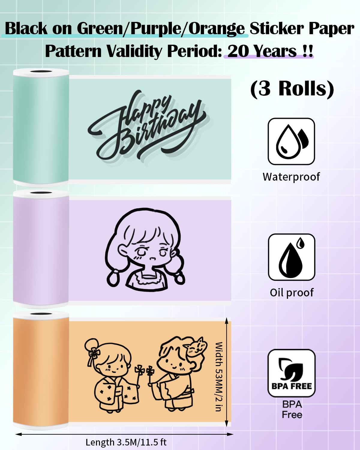 Memolife M02L Printer Paper Roll - Color T02 Sticker Paper - Color M02X Paper -Green&Lavender&Orange- Memolife M02L Paper Compatible With Phomemo M02X Paper Memoking T02 Paper, 3Rolls(2in*11.5ft/Roll)