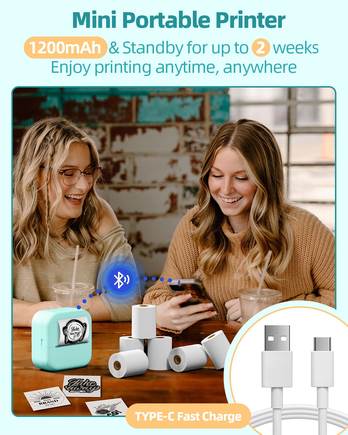 Memolife Mini Thermal Printer - Mini Pocket Printer with 6 Rolls Non-Adhesive Paper(2in*21.3ft/Roll), Mini Photo Printer for iPhone &Android, Portable Printers Wireless for Travel, Work, 2024 Fun Gift