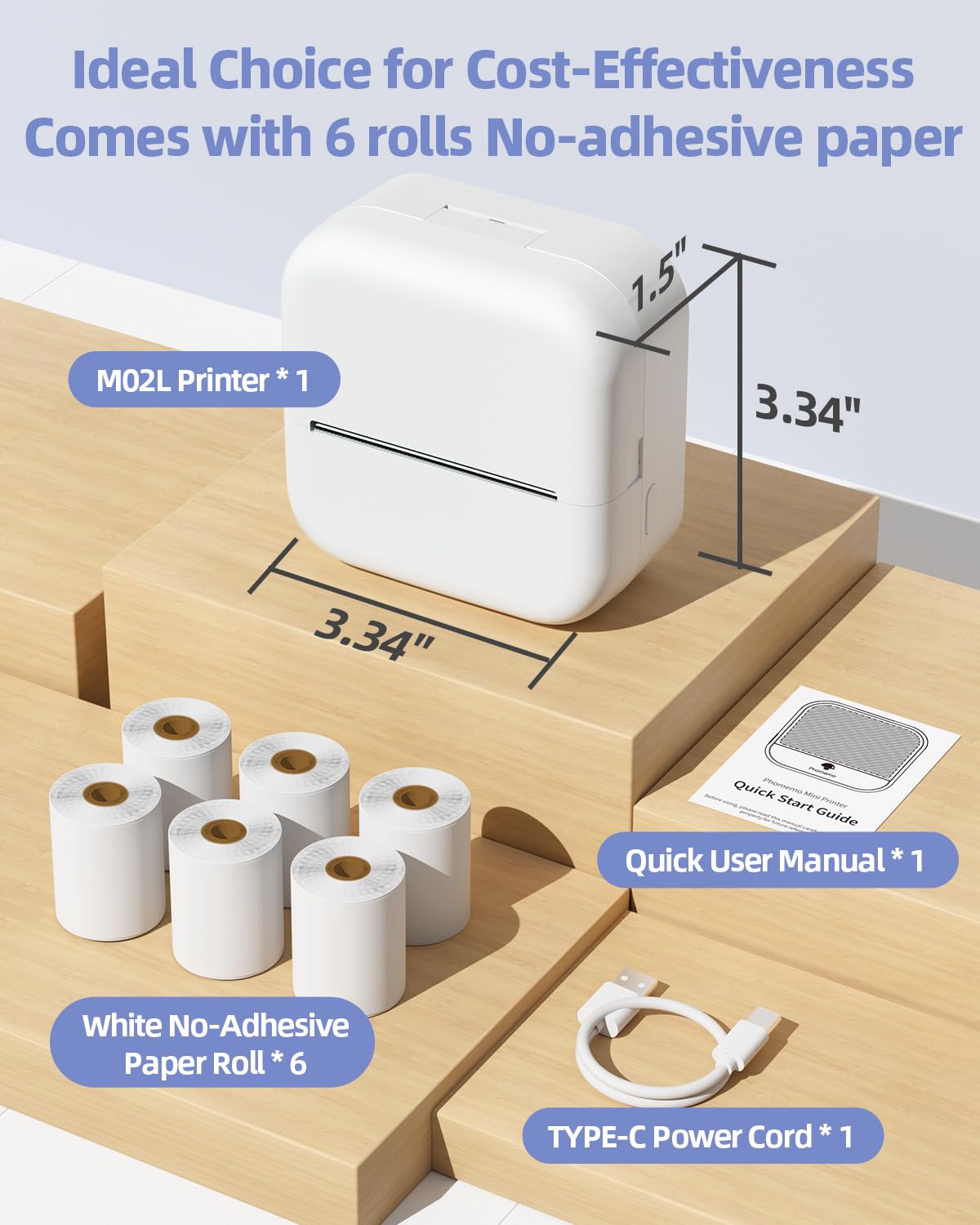 mini pocket printer, Memolife Mini Sticker Printer with 6 Rolls Non-Adhesive Paper (2 in*21.3 ft/Roll), Mini Printer Compatible with iPhone & Android, Pocket Printer for Note, DIY