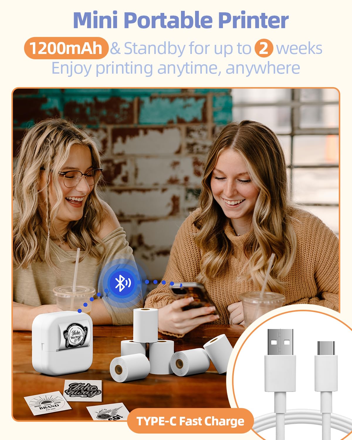 mini pocket printer, Memolife Mini Sticker Printer with 6 Rolls Non-Adhesive Paper (2 in*21.3 ft/Roll), Mini Printer Compatible with iPhone & Android, Pocket Printer for Note, DIY