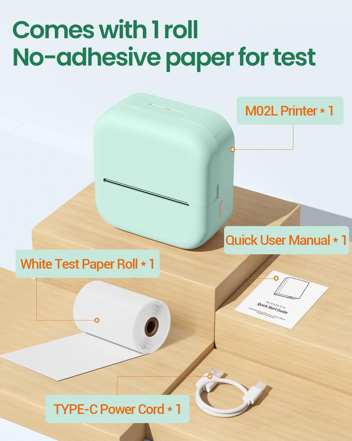 Memolife M02L Mini Printer Sticker Maker - Inkless Printer with 1 Roll Non-Adhesive Paper, Sticker Printer Machine for IOS + Android, Bluetooth Thermal Printer for Organizing Office Documents Printing